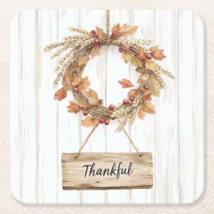 Autumn Thanksgiving Grateful Wreath Square Paper Coaster