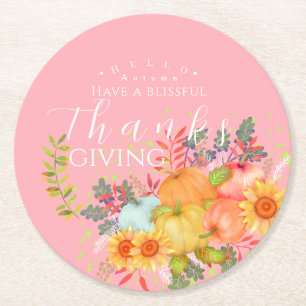Autumn Thanksgiving Pink Round Paper Coaster