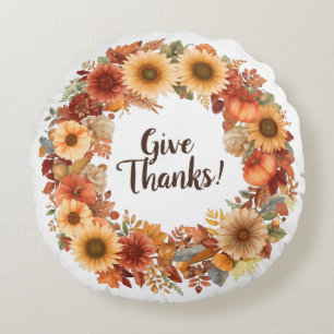 Autumn Thanksgiving Pumpkin and flowers  Round Pillow