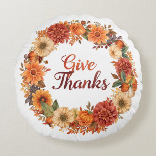 Autumn Thanksgiving Pumpkin and flowers Round Pillow