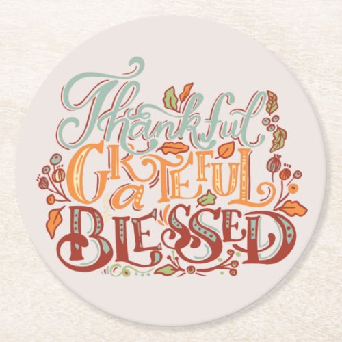 Autumn Thanksgiving Thankful Grateful Blessed Round Paper Coaster