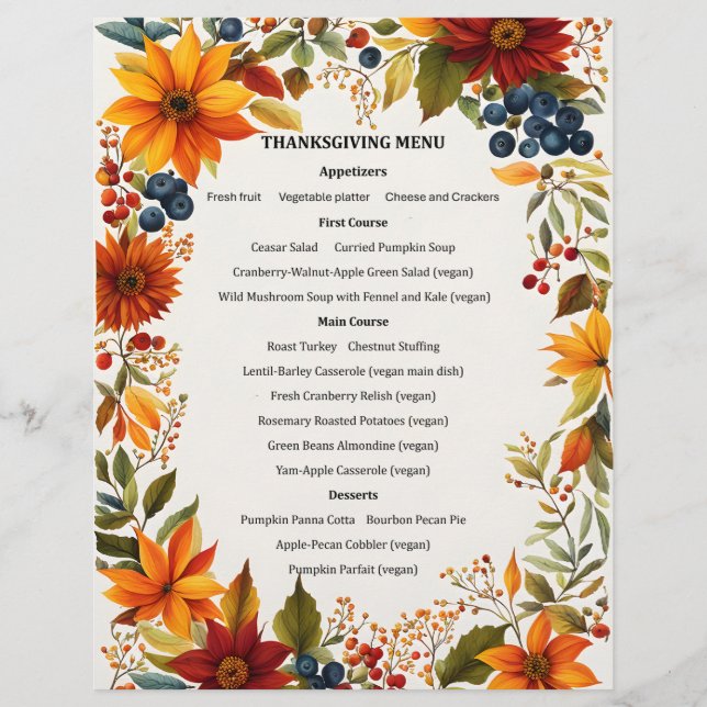 Autumn Theme Flowers & Berries Menu Invitation Letterhead (Front)