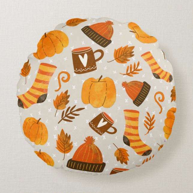 Autumn Theme Seamless Pattern Tile Round Pillow (Front)
