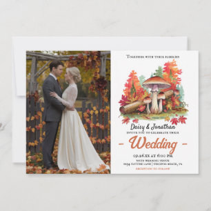 Autumn theme with mushroom watercolor wedding invitation