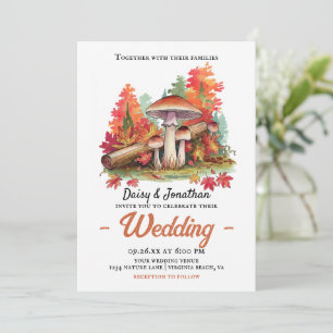 Autumn theme with mushroom watercolor wedding invitation