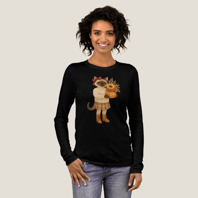 Autumn themed Thanksgiving with Cat  Tri-Blend Shirt (Full Front)