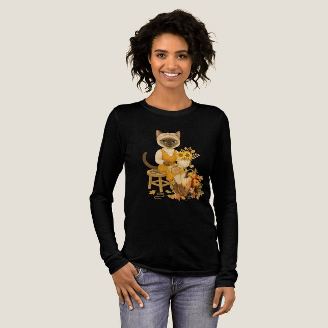 Autumn themed Thanksgiving with Cat  Tri-Blend Shirt (Full Front)