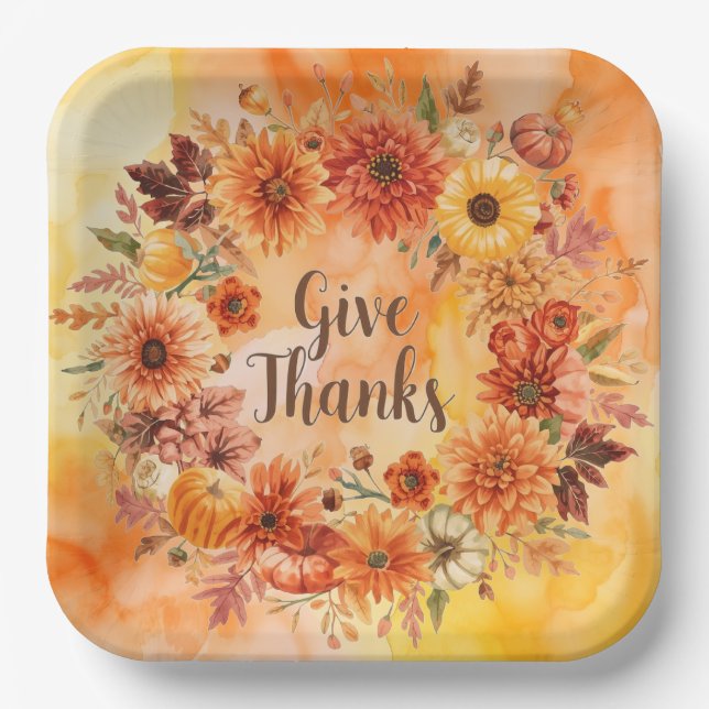 Autumn themed thanksgiving with flowers  pumpkins paper plates (Front)