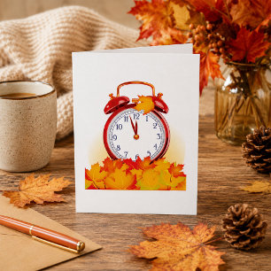 Autumn Time Change Fall Leaves And Retro Clock  Card