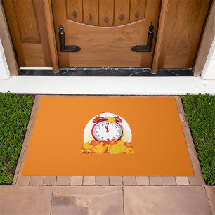 Autumn Time Change Fall Leaves And Retro Clock  Doormat