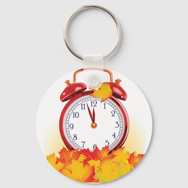 Autumn Time Change Fall Leaves And Retro Clock  Keychain (Front)