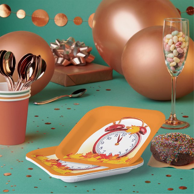 Autumn Time Change Fall Leaves And Retro Clock  Paper Plates (Creator Uploaded)