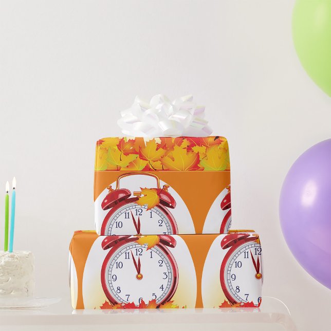 Autumn Time Change Fall Leaves And Retro Clock  Wrapping Paper (Creator Uploaded)