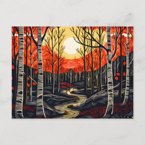 Autumn time forest with woodpecker holiday postcard