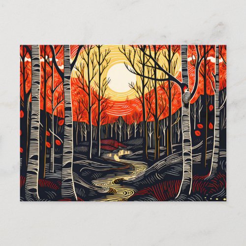 Autumn time forest with woodpecker holiday postcard