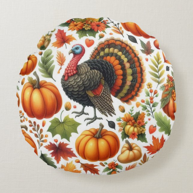 Autumn Tom Turkey Pumpkin Pattern  Round Pillow (Front)