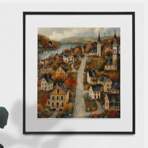 Autumn Town Folk Art Oil Painting Poster