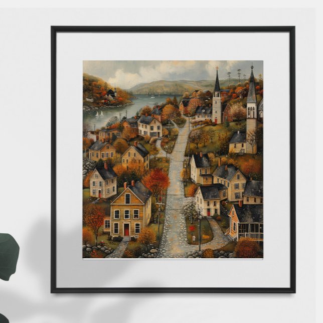 Autumn Town Folk Art Oil Painting Poster (Creator Uploaded)