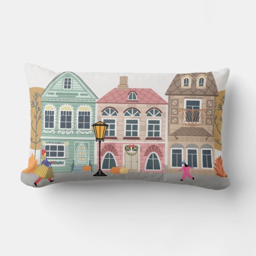 Autumn Town Illustration Lumbar Pillow