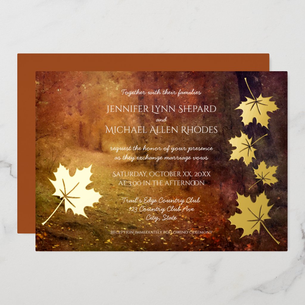 autumn trail falling maple leaves rustic wedding foil invitation