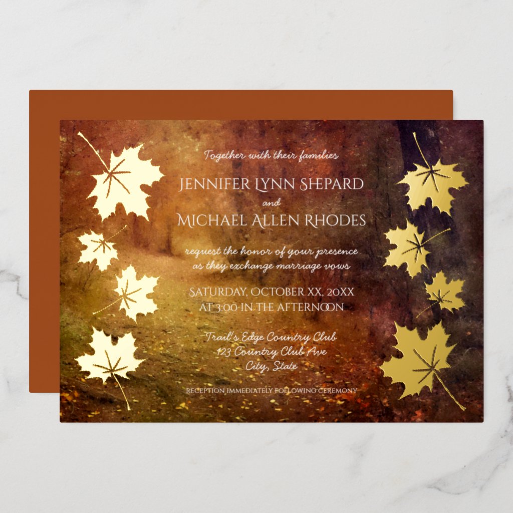 autumn trail falling maple leaves rustic wedding invitation with gold foil