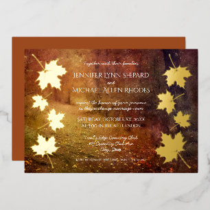 autumn trail falling maple leaves rustic wedding foil invitation