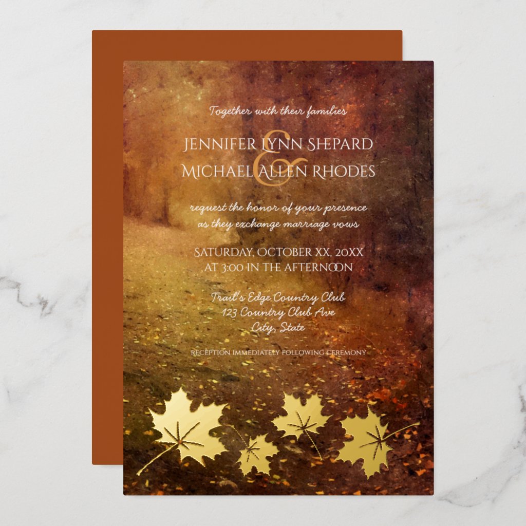 autumn trail falling maple leaves rustic wedding gold foil invitation