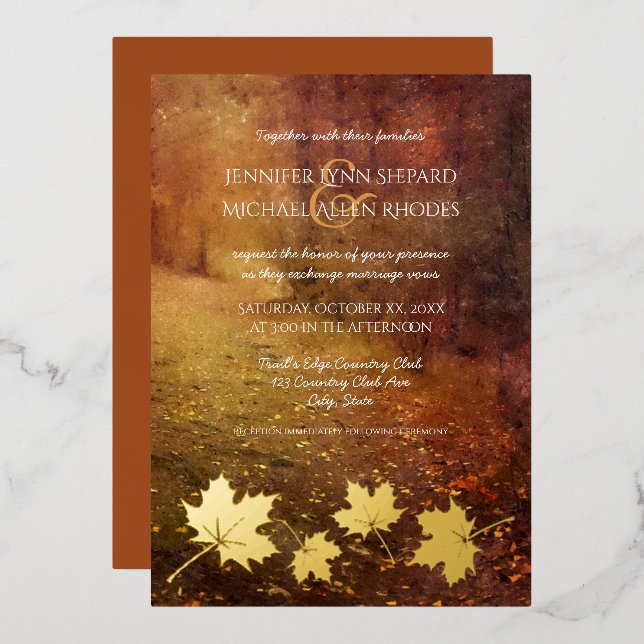 autumn trail falling maple leaves rustic wedding foil invitation (Front/Back)