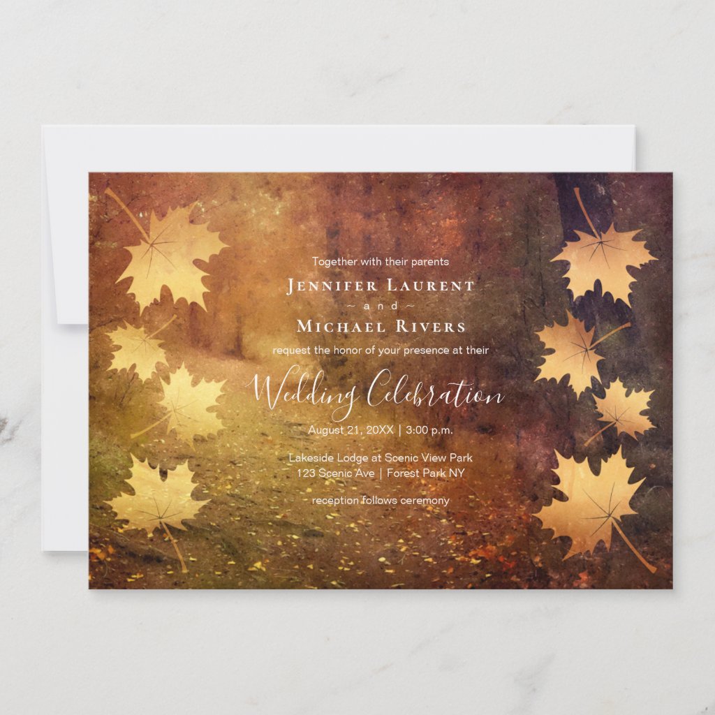 autumn trail falling maple leaves rustic wedding invitation
