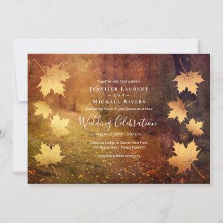 autumn trail falling maple leaves rustic wedding invitation