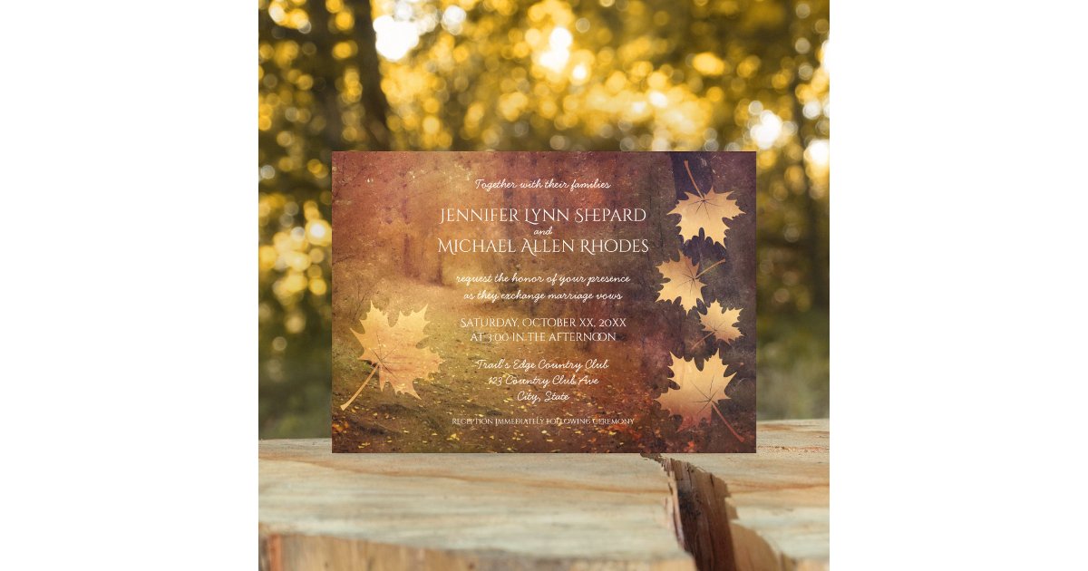 autumn trail falling maple leaves rustic wedding invitation | Zazzle