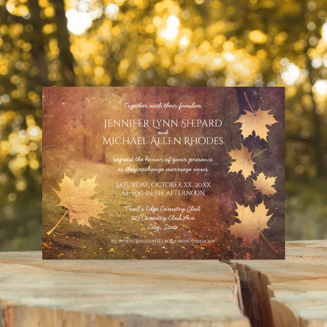 autumn trail falling maple leaves rustic wedding invitation | Zazzle