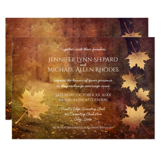 autumn trail falling maple leaves rustic wedding invitation