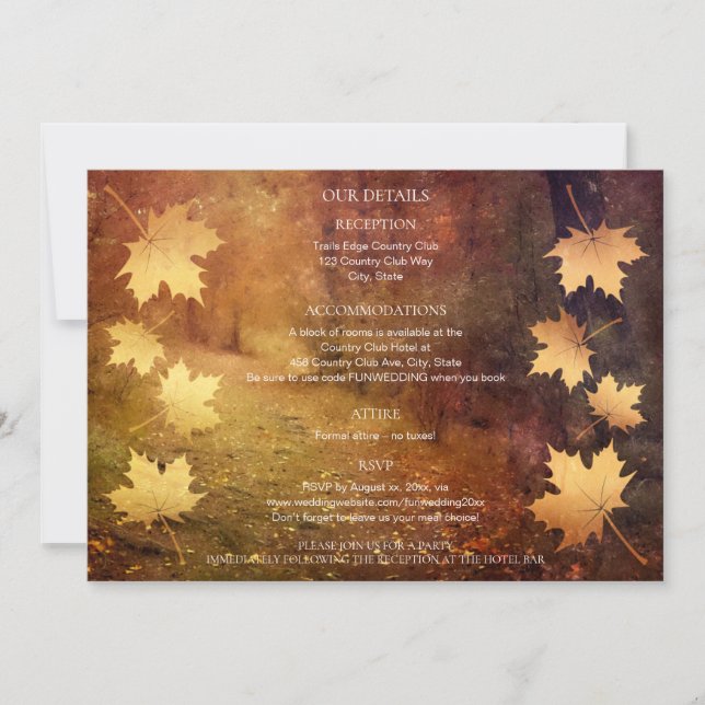 autumn trail falling maple leaves wedding details  (Front)