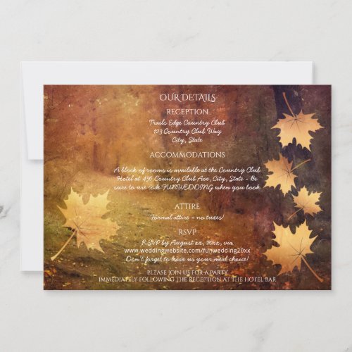 autumn trail falling maple leaves wedding details 