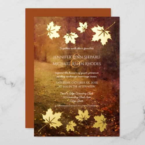 autumn trail maple leaves accent wedding  foil invitation