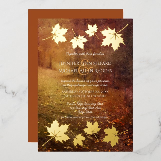 autumn trail maple leaves accent wedding  foil invitation (Front/Back)