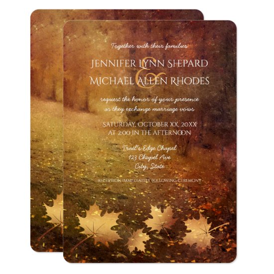 autumn trail maple leaves rustic wedding card