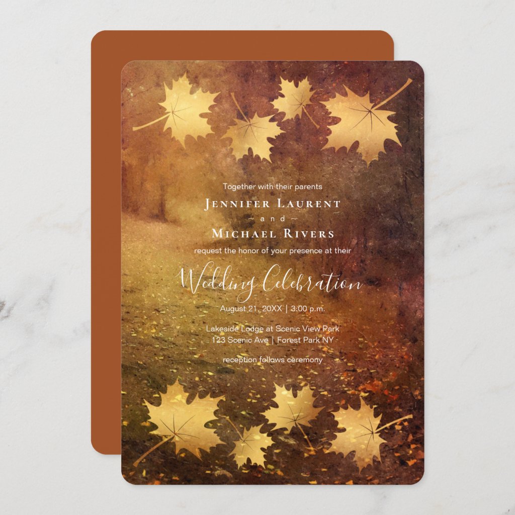 autumn trail maple leaves rustic wedding announcement