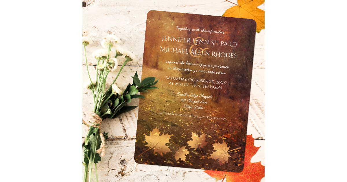 autumn trail maple leaves rustic wedding invitation | Zazzle