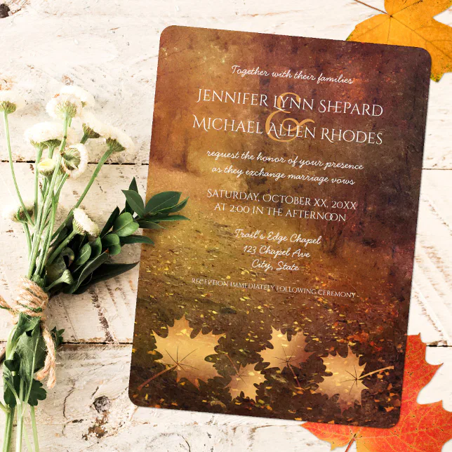 autumn trail maple leaves rustic wedding invitation | Zazzle