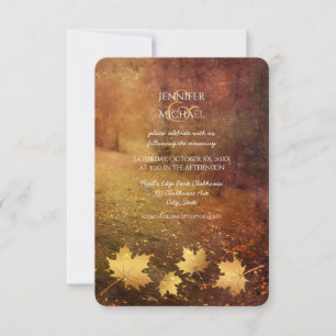 autumn trail maple leaves rustic wedding reception invitation