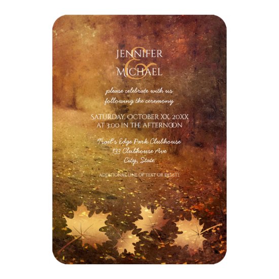 autumn trail maple leaves rustic wedding reception invitation