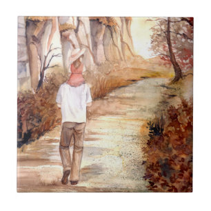 Autumn Trail Watercolor Painting Ceramic Tile