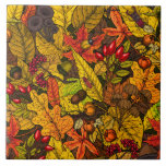 Autumn treasures ceramic tile<br><div class="desc">Hand-drawn autumn pattern featuring mushrooms, various berries,  fallen leaves and bugs</div>