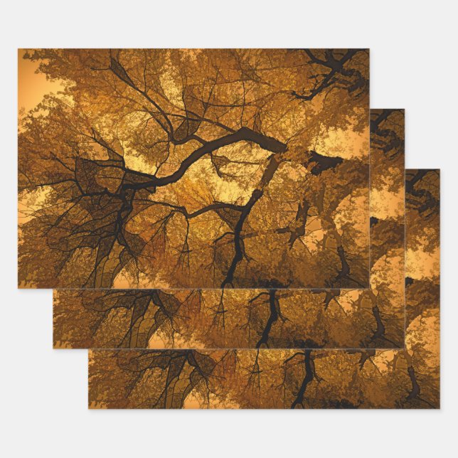 Autumn Tree Amber Orange Brown Leaves Sunset Wrapping Paper Sheets (Set)
