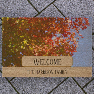 Autumn Tree and Leaves custom family name welcome Fiber Doormat
