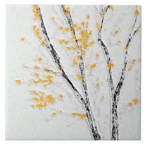 Autumn Tree Branches with Yellow Fall Leaves Ceramic Tile