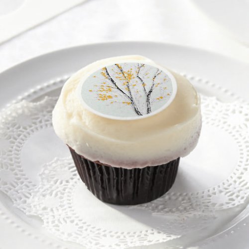 Autumn Tree Branches with Yellow Fall Leaves Edible Frosting Rounds