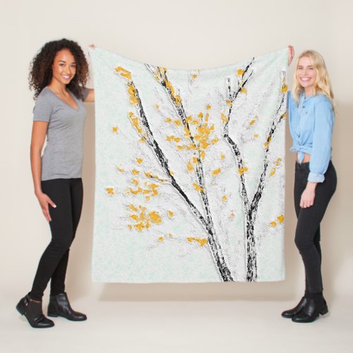 Autumn Tree Branches with Yellow Fall Leaves Fleece Blanket